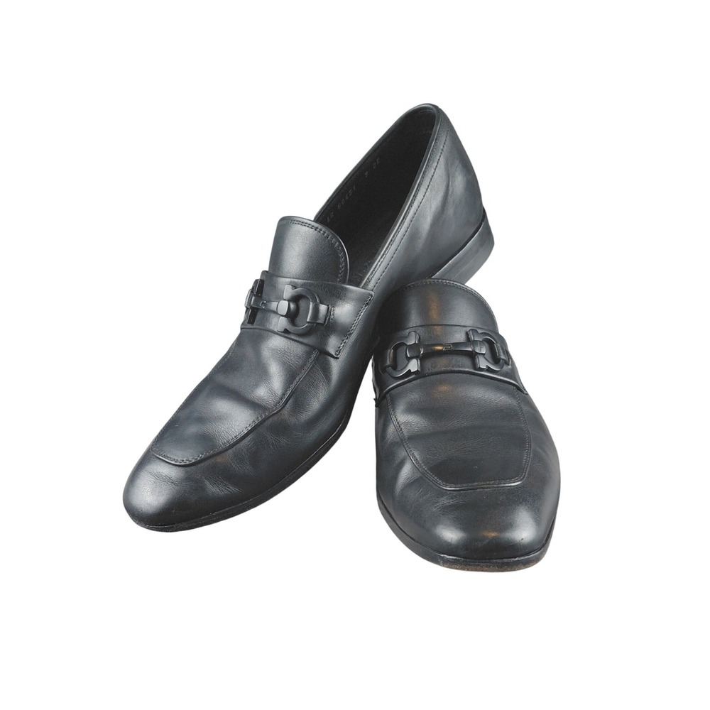 Salvatore Ferragamo Mens Black Leather Gancini Bit Loafers 8 2E LC 60451 Italy